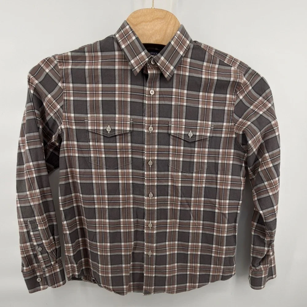 UNTUCKit Men's‎ Large Brown Grey Plaid Button Down Flannel Shirt 100% Cotton